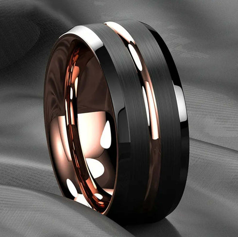 Men's 8mm Tungsten Brushed Black Rose Gold Grooved Comfort-Fit Wedding Band